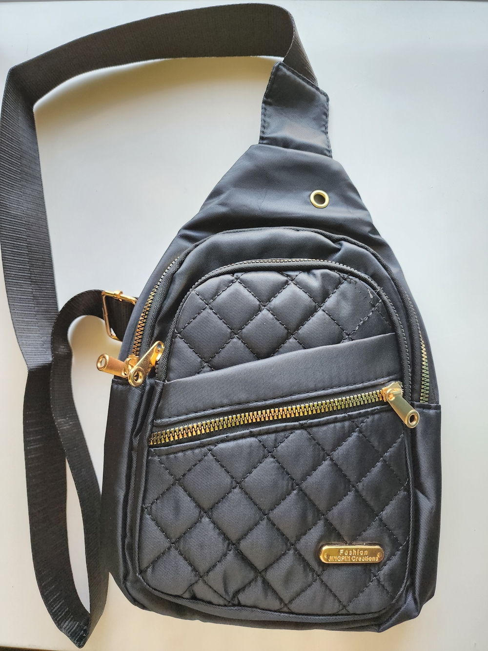 Quilted Black Crossbody Sling Bag with Gold Hardware, Multiple Compartments